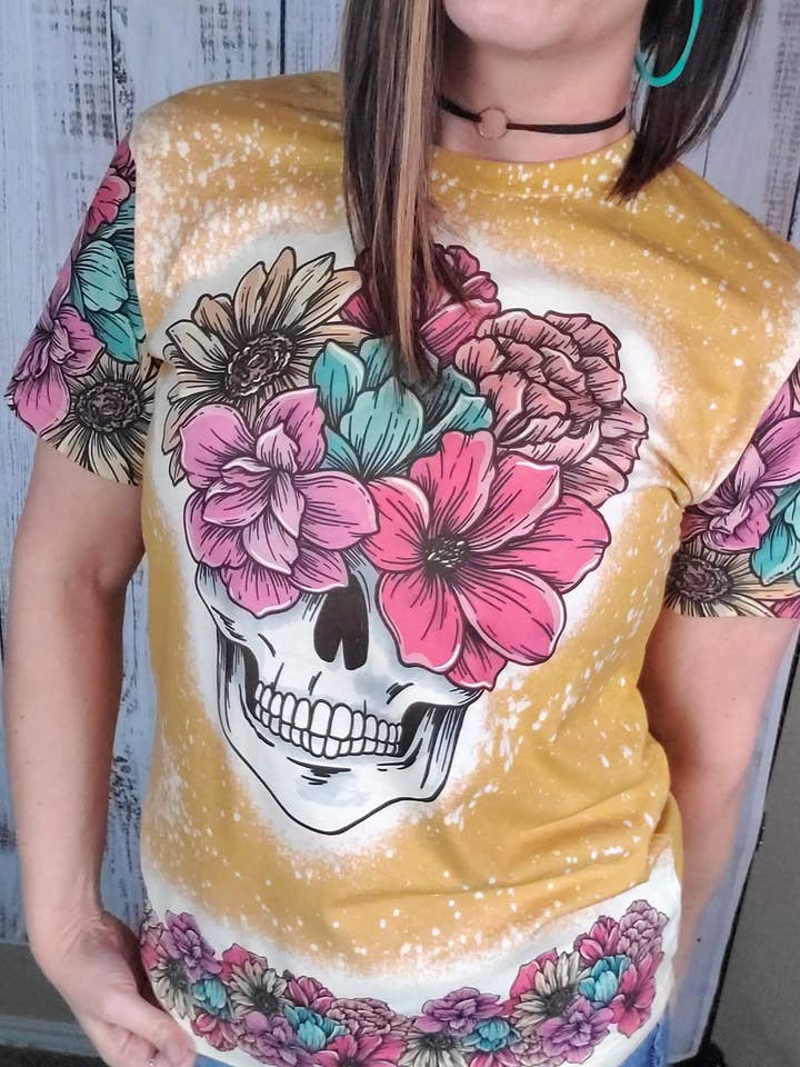 Floral Skull w/full sleeves & band Bleached Tee for wholesale by Wanderlust Designs Wholesale