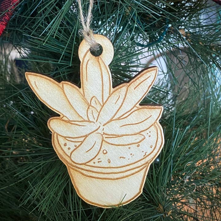 Succulent in vaso ornamento natalizio in legno per la vendita all'ingrosso da parte di Tree YoSelf