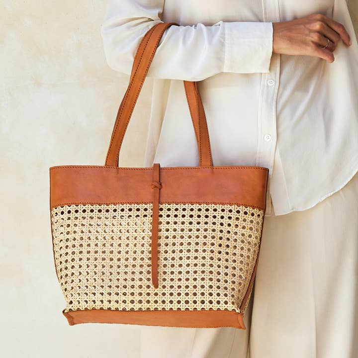 Rattan Cane Weave Tote Bag with Brown Leather Trim - Medium for wholesale by The Winding Road