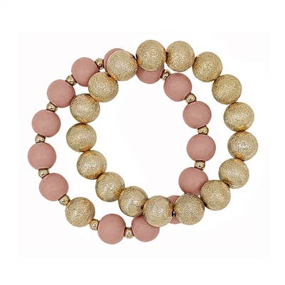 What's Hot - Wholesale Jewelry Set - Gold Textured Beaded & Pink Wood Set of 2 Stretch Bracelet