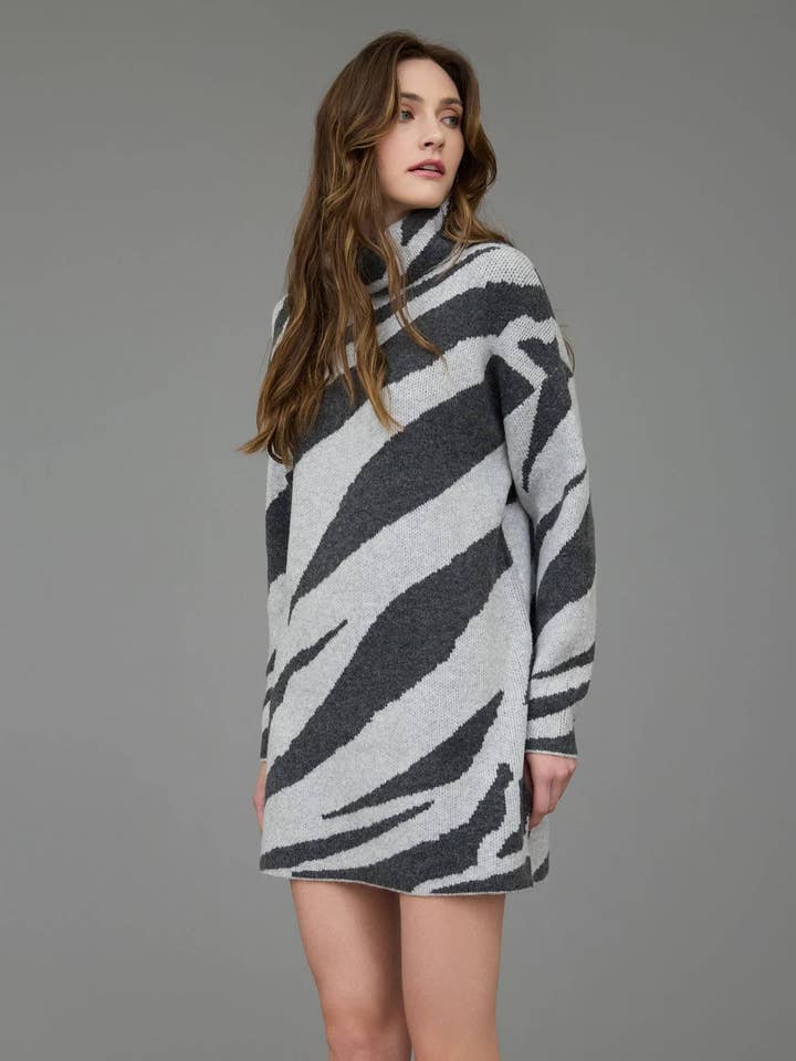 ZEBRA PRINT TURTLENECK LONG SLEEVE SWEATER DRESS for wholesale by MINE