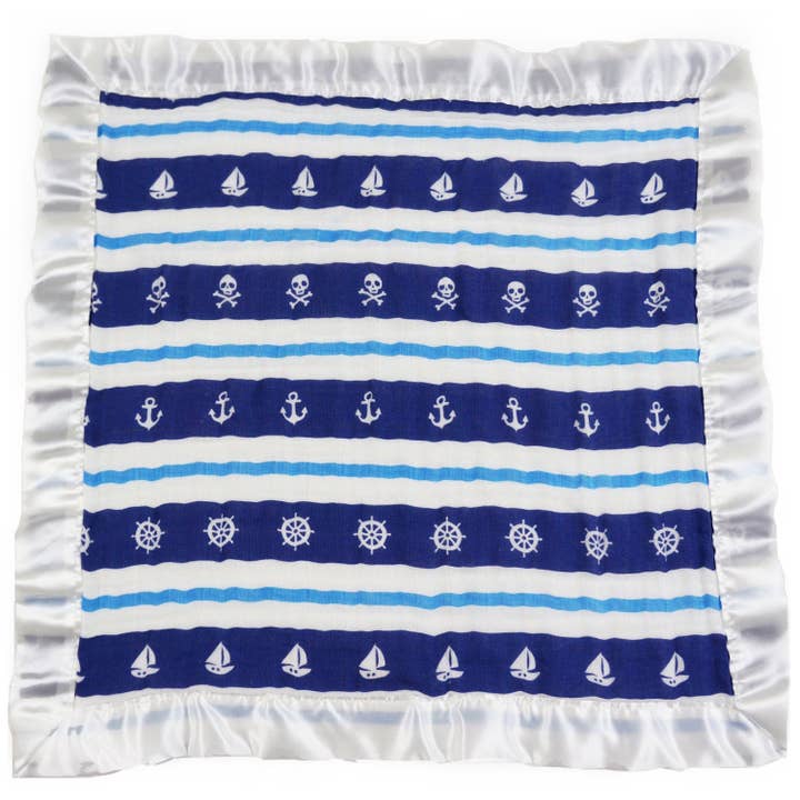 Petite couverture douillette à 2 couches bordée de satin, Lovey (15 « X 15") - rayures nautiques bleues pour la vente par Bambino Land