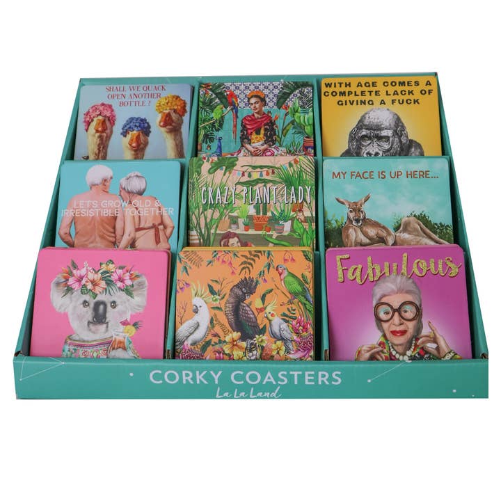 9 Corky Coasters Display Stand for wholesale by La La Land