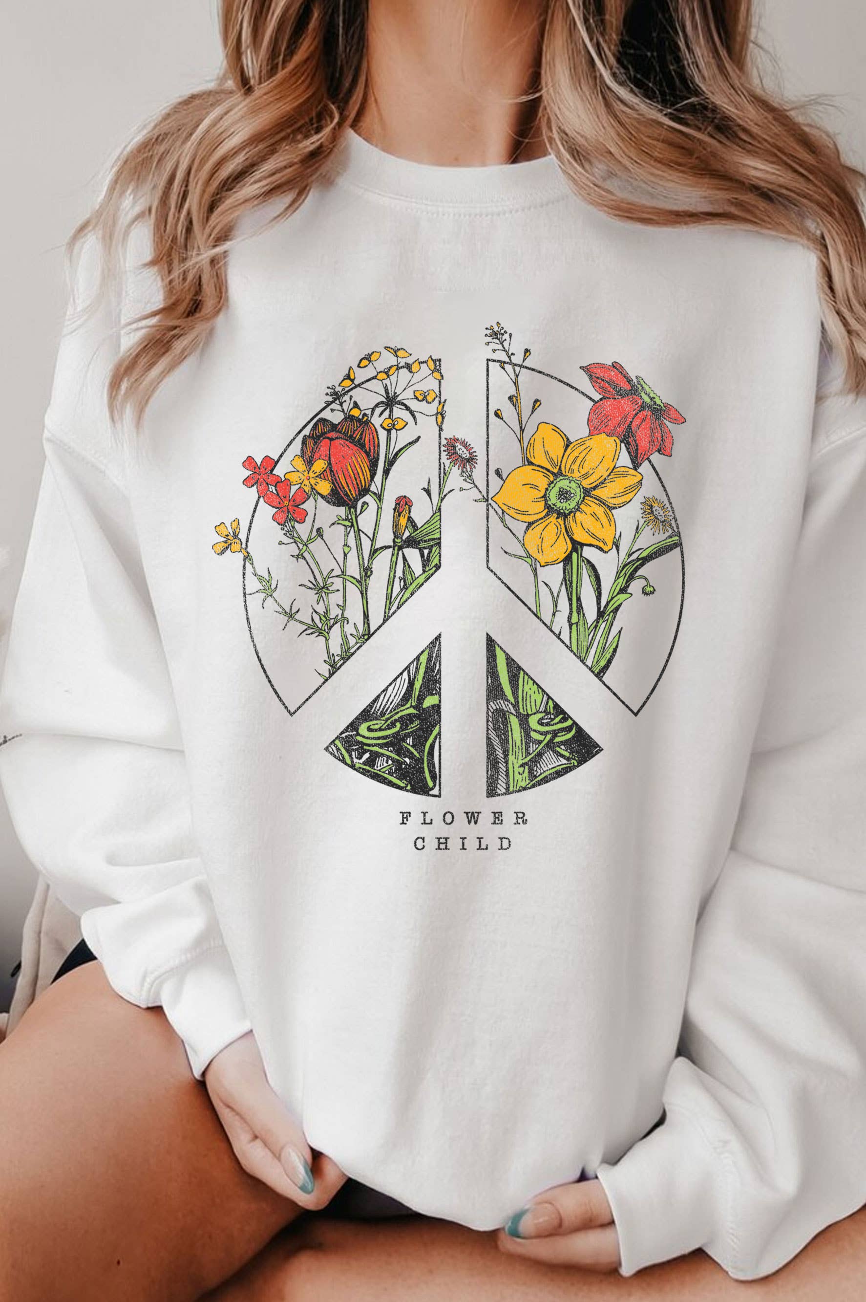 Rustee Clothing – Camisola gráfica - Mulher por atacado – SWEATSHIRTS GRÁFICAS DE CRIANÇA PEACE FLOWER ESCOVADO3