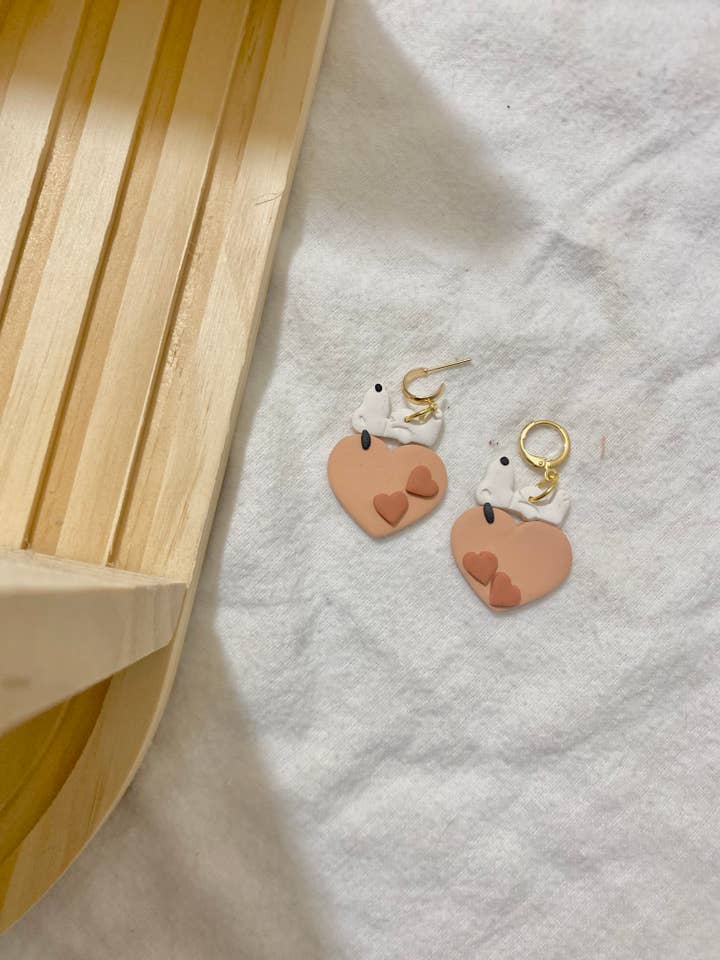 love snoopy heart dangle earrings for wholesale by Terra Made