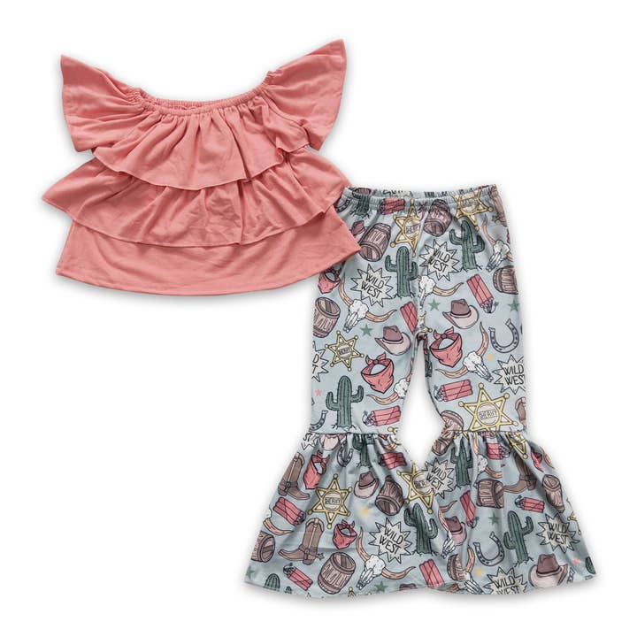 Cotton top cactus boots hat pants girls western clothes for wholesale by Yawoo Garments