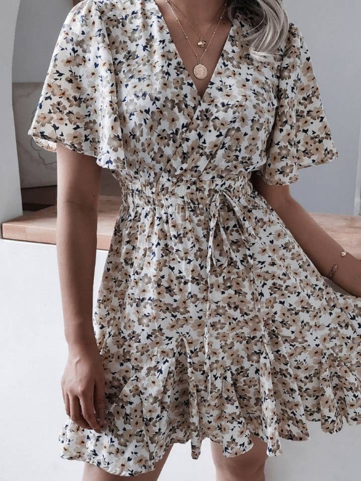 NINEXIS - Wholesale Dress - Women's - CWDSD4717_V-NECK FLORAL RUFFLED PLEATED DRESS SHORT
