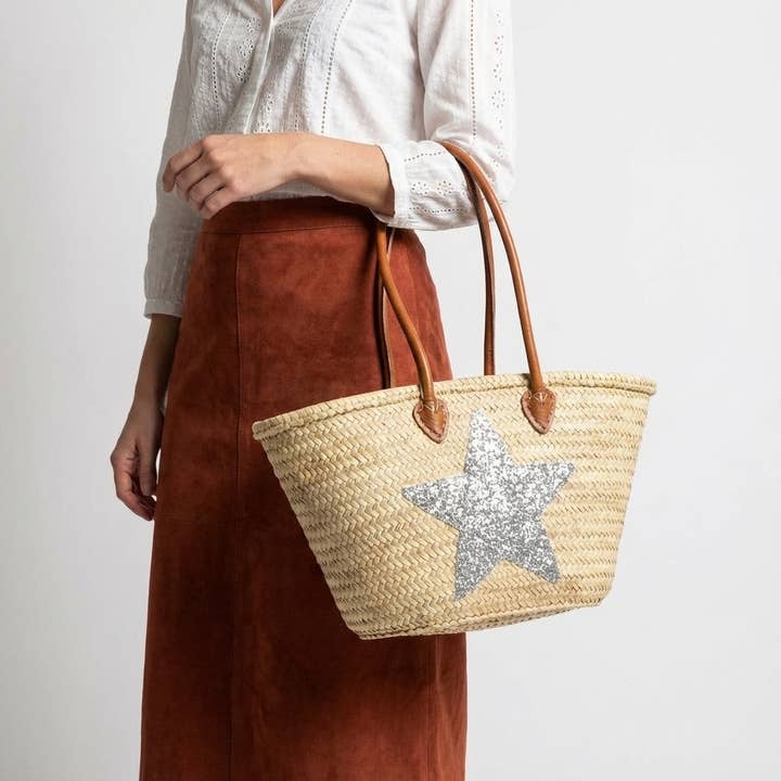 French Market Basket Straw Tote Leather Handle Star Motif for wholesale by Melecraft