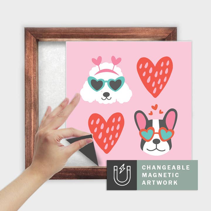 Insert décoratif magnétique saisonnier pour panneau interchangeable (moyen) : Chiens et cœurs | Saint-Valentin | Panneau magnétique vierge vendu séparément pour la vente par Simpler Seasons Decor