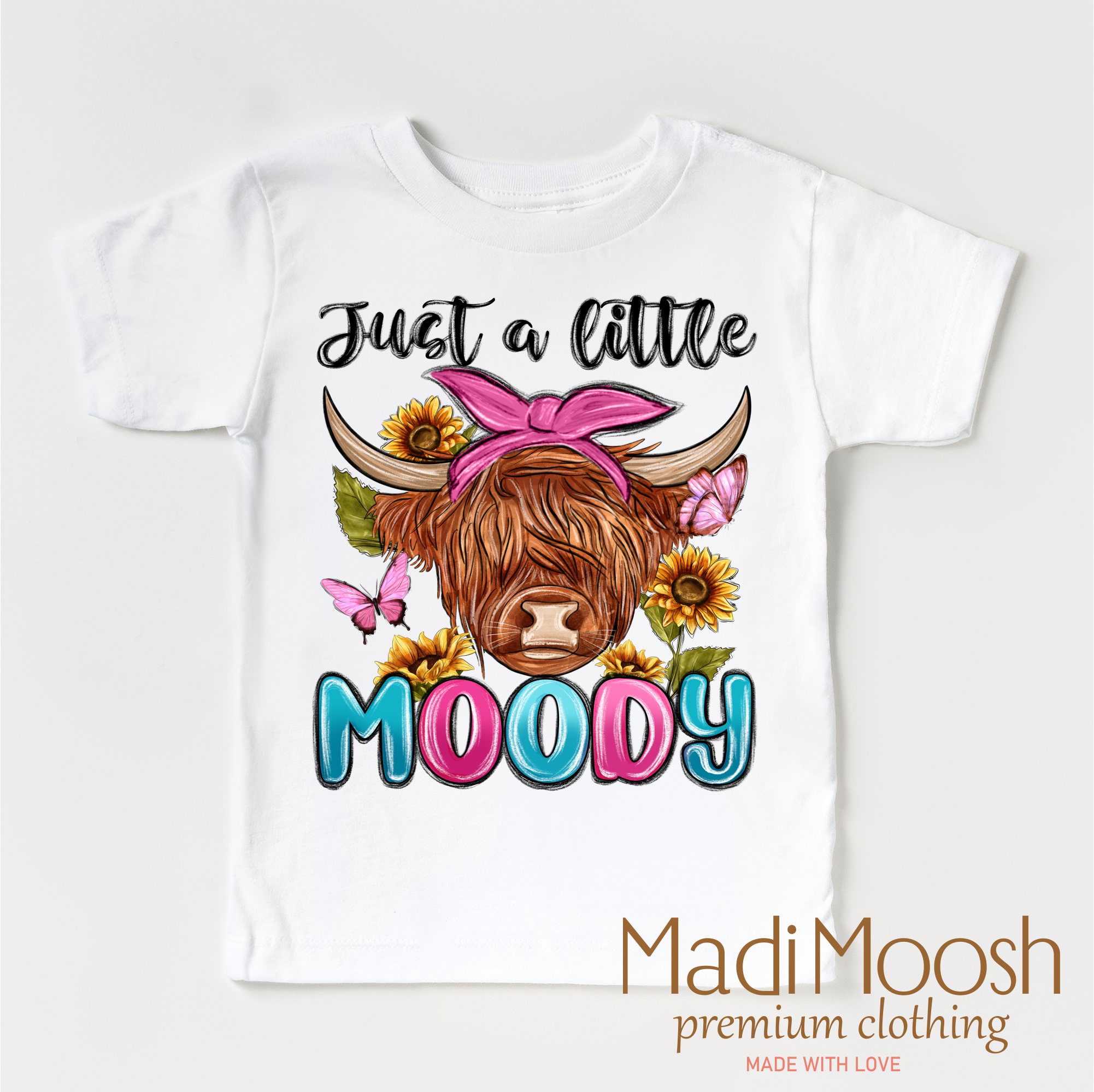 Madi Moosh - Wholesale Screen Printed T-Shirt - Kids - Just A Little Moody Highland Cow Shirt - Farm Tee1