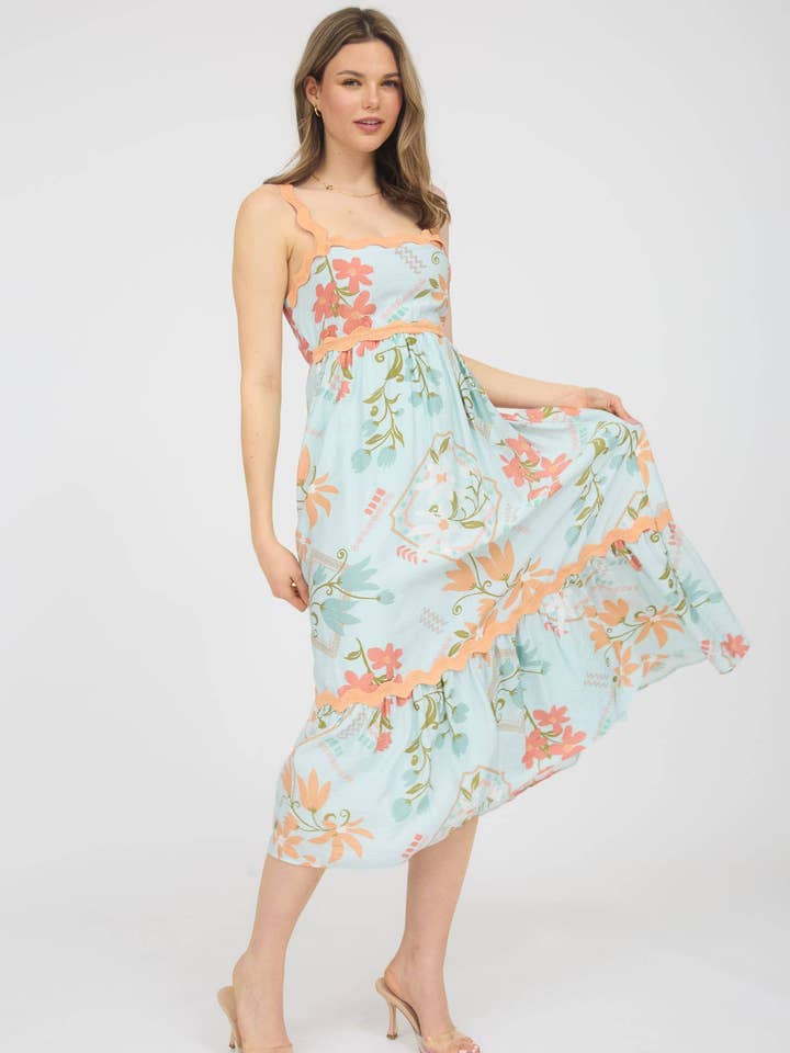 FLORAL PATTERN WAVY DETAIL SLEEVELESS MIDI DRESS for wholesale by MINE