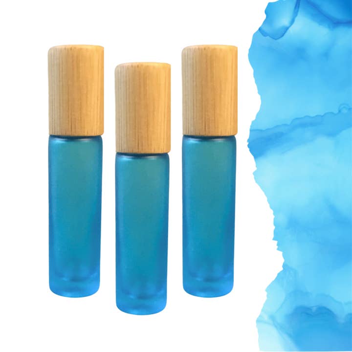 FROSTED TURQUOISE Roller 10/5ml Glass with Bamboo Cap for wholesale by Essential Wellness - Body, Mind, Spirit