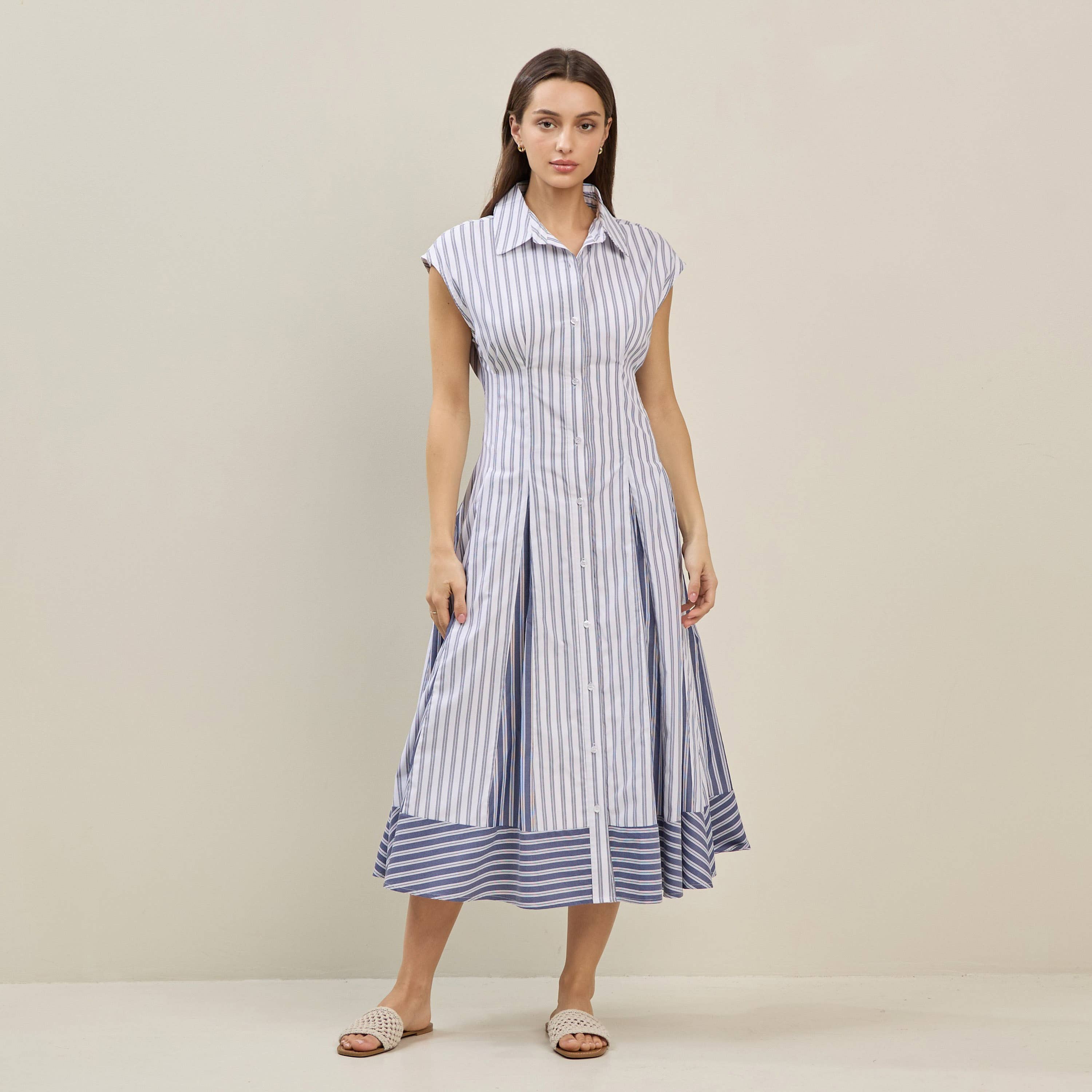 IVORY BLUE Pinstriped colorblock shirtdress for wholesale on Faire0