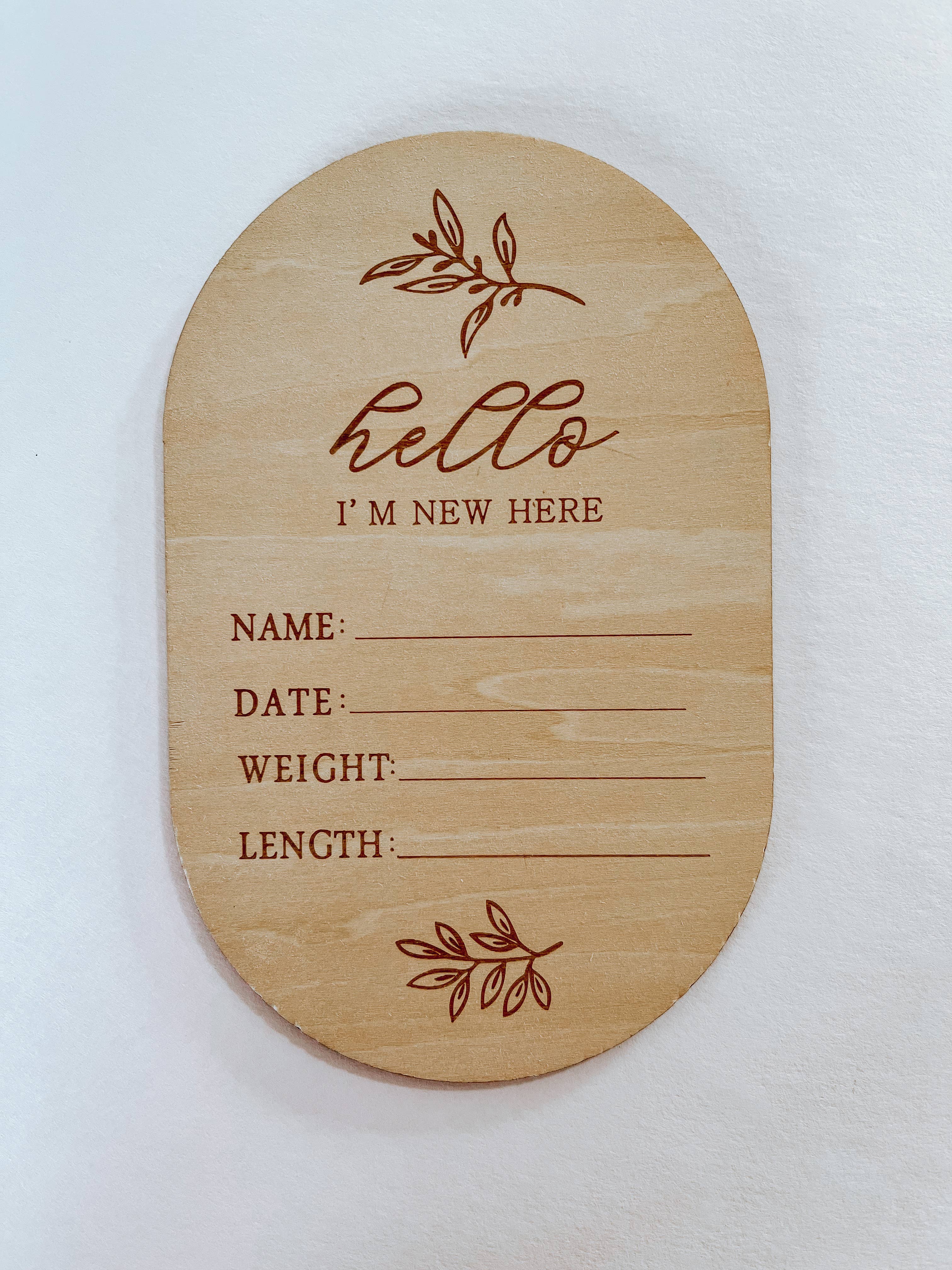 Boho + Babe - Wholesale Milestone art/keepsake – Child & baby - Hello I’m New Here Birth Announcement Disc1