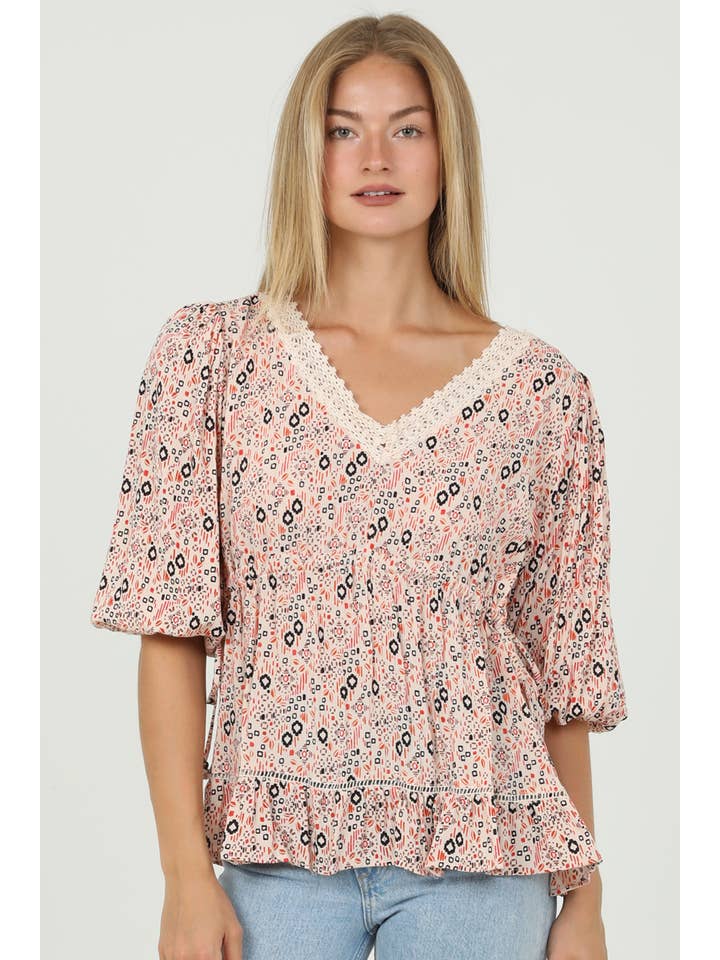 ANGIE - Wholesale Blouse - Women's - F2858-FQ61 V NECK PUFF SLEEVE BLOUSE WITH LACE TRIM AND DRAW4