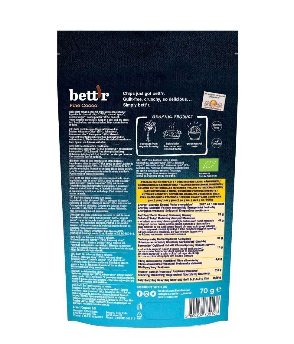 Smart Organic - Vendita all'ingrosso Patatine - Chips di cocco bio con cacao fine Bett’r, 70 g1