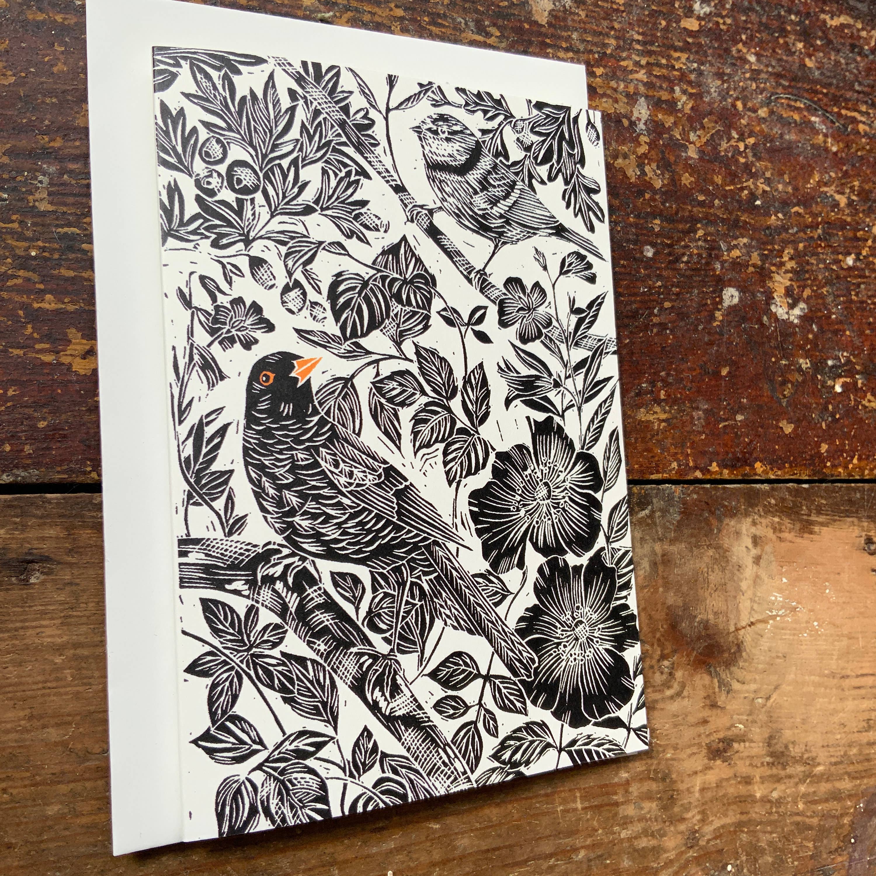 Vivienne Keable - Wholesale Everyday Greeting Card - Hedgerow Birds in Black with an Orange Pop on Cream Base. Based on an Original Linocut.3