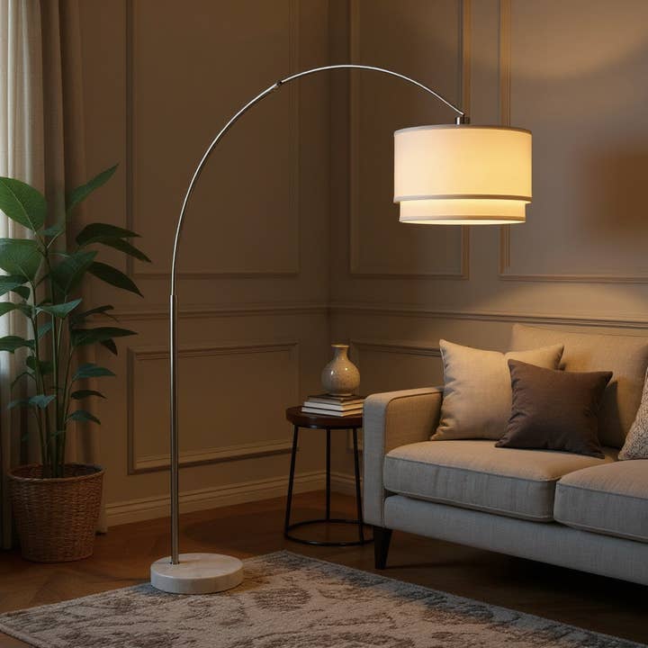 Glint Arc Floor Lamp with Double Shade and Marble Base for wholesale by HOMYCASA DESIGN INC