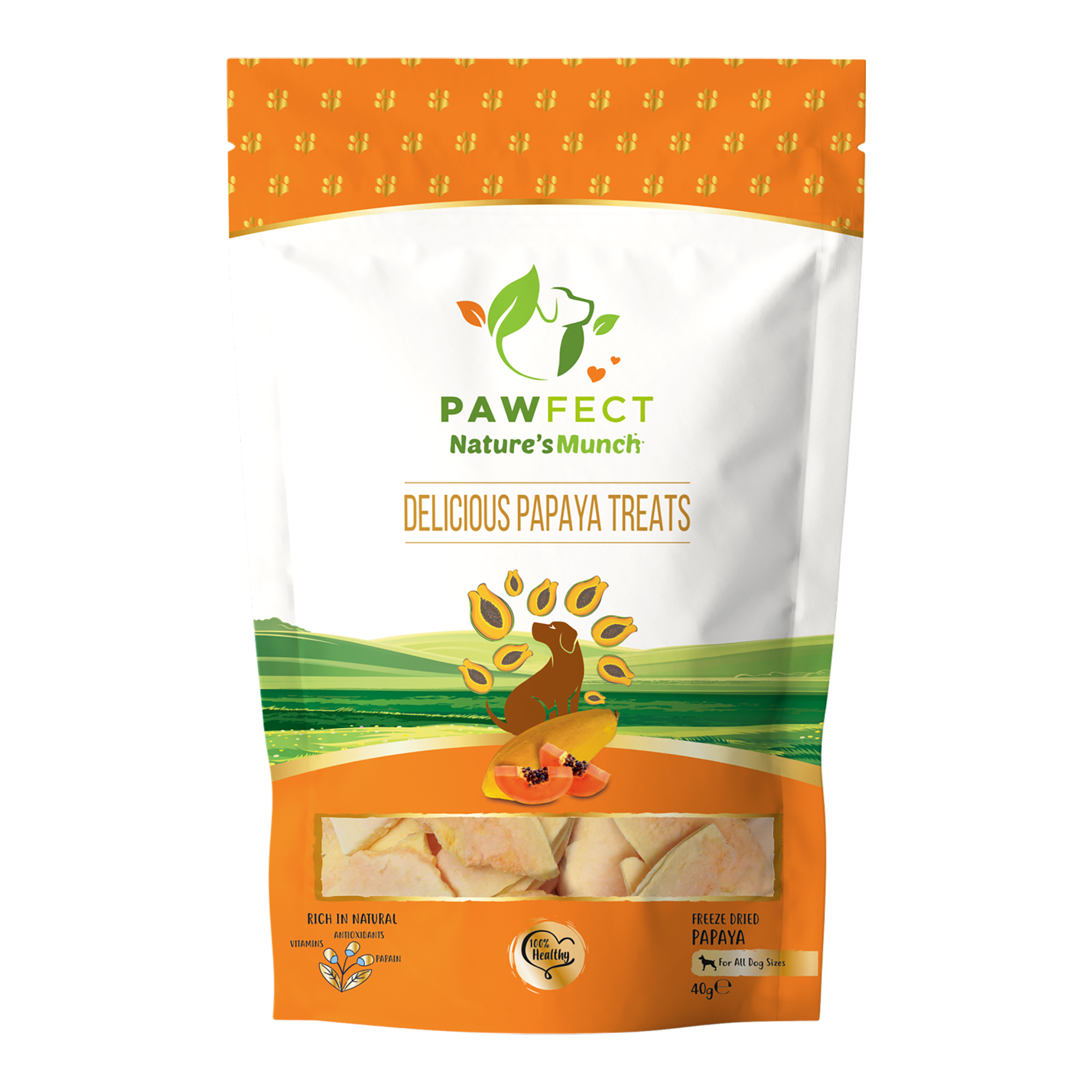 Pawfect Foods – wholesale Godis - Hund – Pawfect Nature's Munch frystorkade papayagodbitar för hundar | Veganska | Förebygger hjärtproblem | 100 % naturliga | Spannmåls- och glutenfria | Lågkaloriträningsgodis (25 g)0