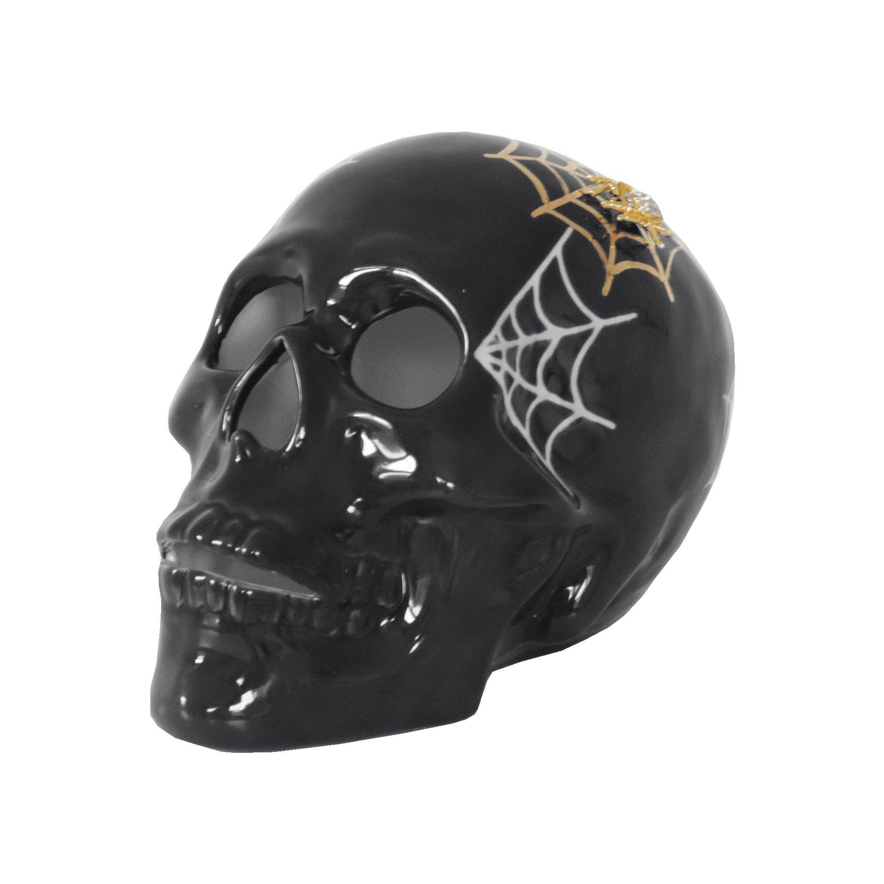 Lo Home | Ruby Clay - Wholesale Decorative Tabletop Object - "Mr. Bones and Charlotte" Skull Decor with 22K Gold Accents- Black0