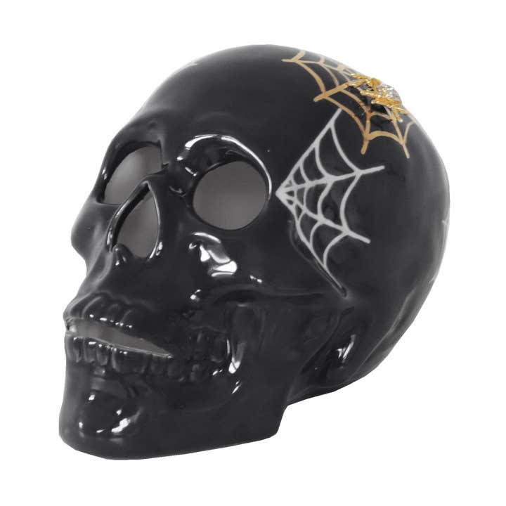 Lo Home | Ruby Clay - Wholesale Decorative Tabletop Object - "Mr. Bones and Charlotte" Skull Decor with 22K Gold Accents- Black0