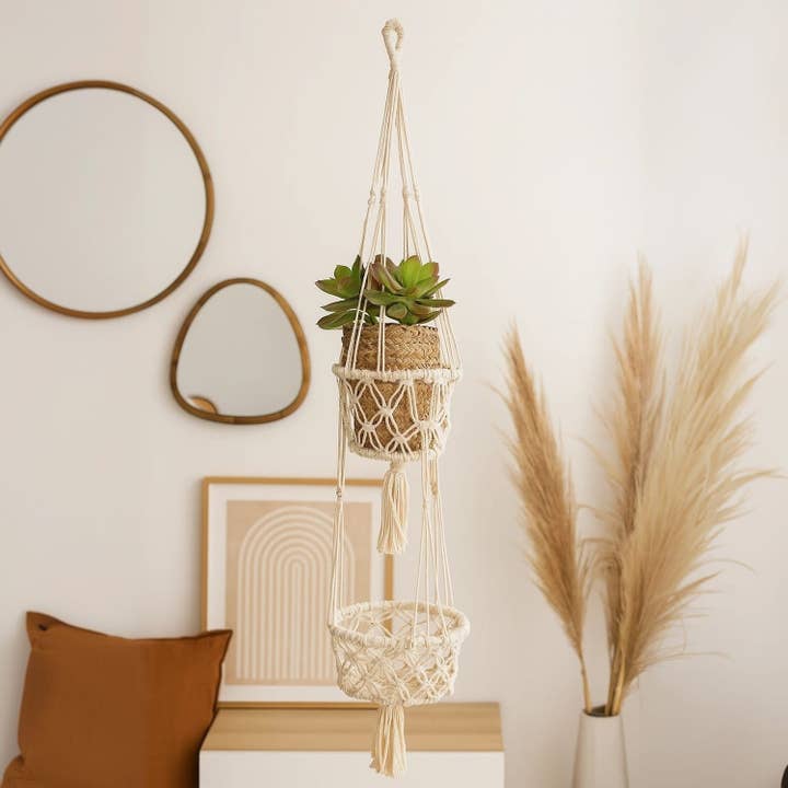Macramé Plantenhanger Dubbel Op 2 Niveaus 100X22 cm voor wholesale door Etnico del Mondo