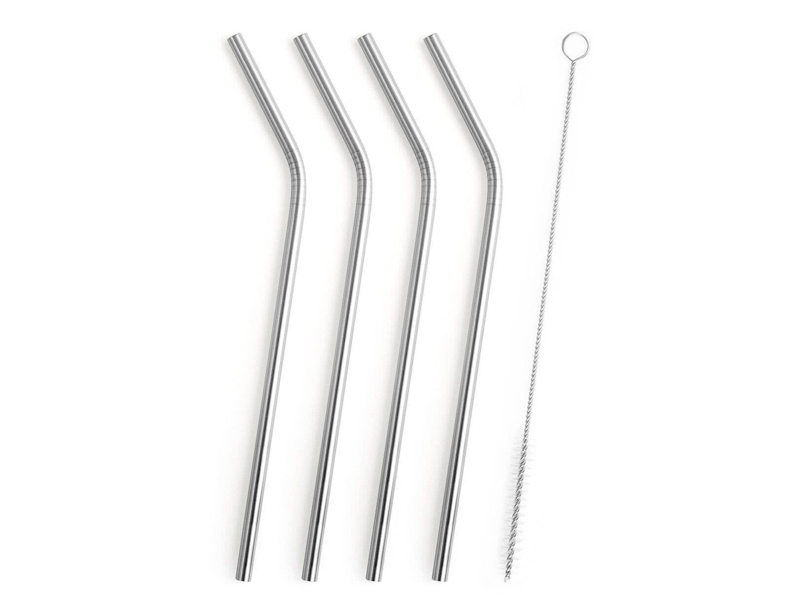 H&H - Wholesale Drinking Straw - Set of 4 Curved Straws in 18/10 Stainless Steel with Cleaning Brush1
