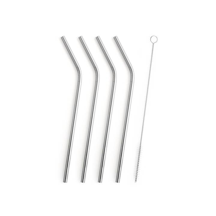 H&H - Wholesale Drinking Straw - Set of 4 Curved Straws in 18/10 Stainless Steel with Cleaning Brush1