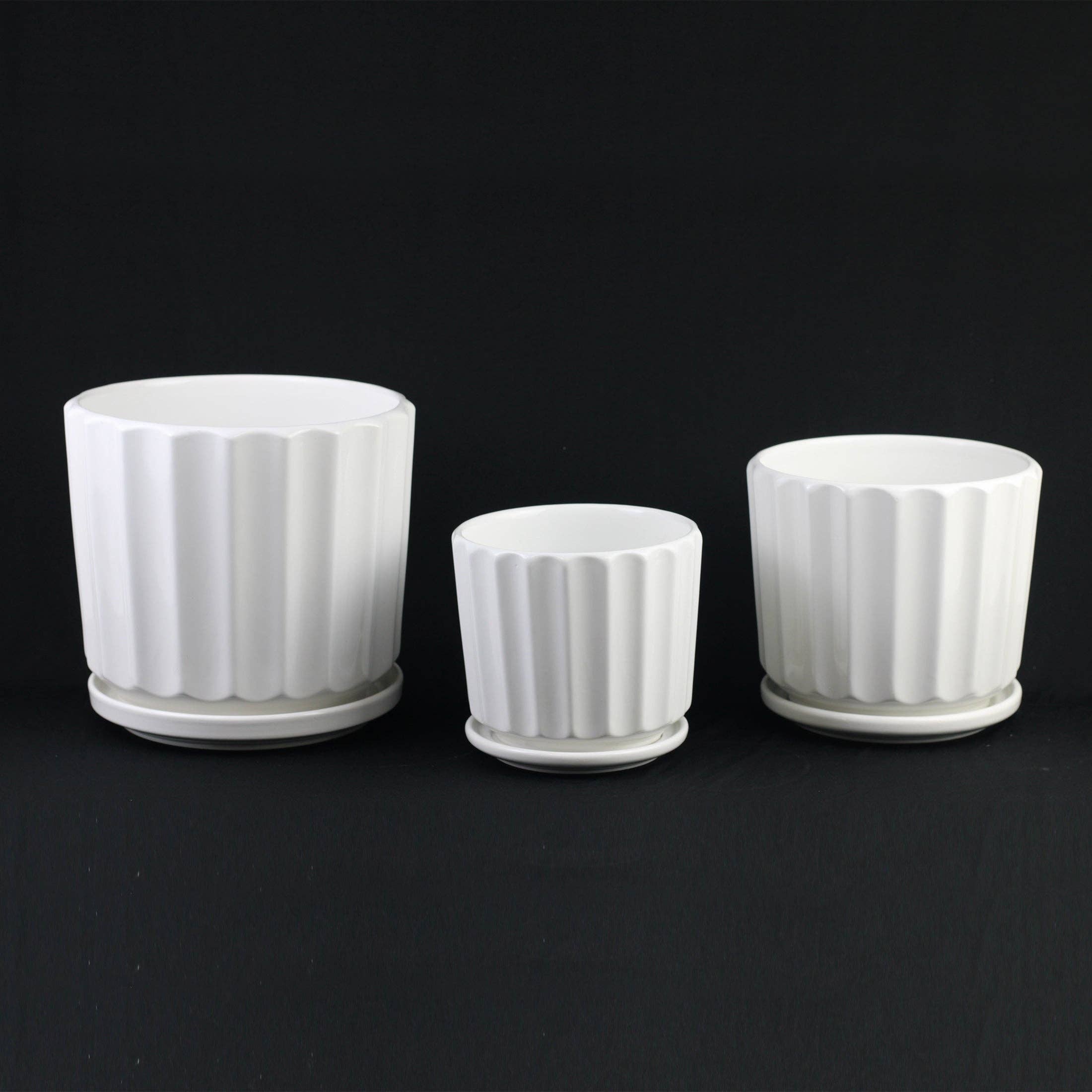 Florinia - Wholesale Plant Pot - 3-Piece White Fluted Ceramic Planter Set, Case Pack4
