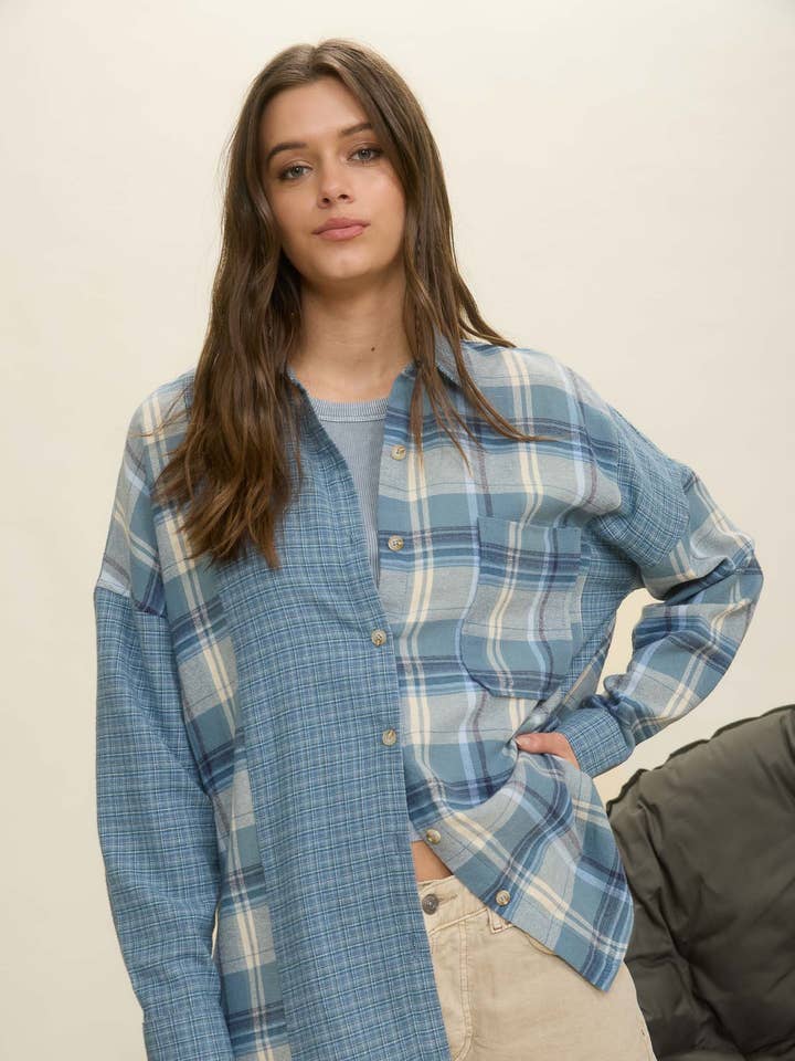 COLORBLOCK PLAID LONG SLEEVE BUTTON DOWN SHIRT for wholesale by Blu Pepper