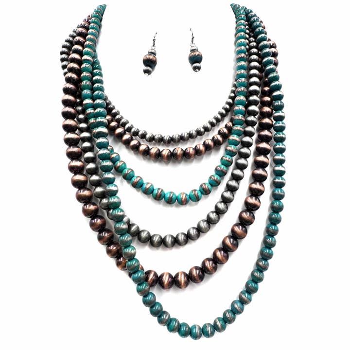 Navajo-perle turkis-sølv femlags halskæde- og øreringesæt for engroshandel hos Lunar Deer