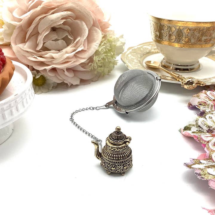 All Little Cute Things - Venta al por mayor Colador/infusor - Tetera dorada vintage con infusor de bolas de té, regalo para una fiesta de té 2