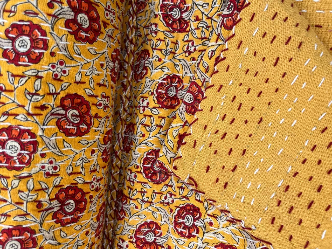 bhavnas boutique - Wholesale Quilt - Yellow Floral Print Kantha Quilt Queen Size Bedspreads Throw6