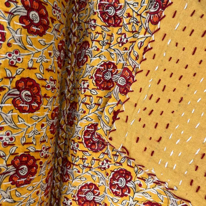 bhavnas boutique - Wholesale Quilt - Yellow Floral Print Kantha Quilt Queen Size Bedspreads Throw6