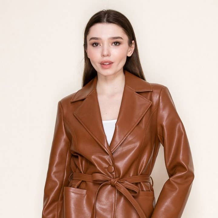 T11135 Long Sleeve Solid Leather Jacket for wholesale by White Birch