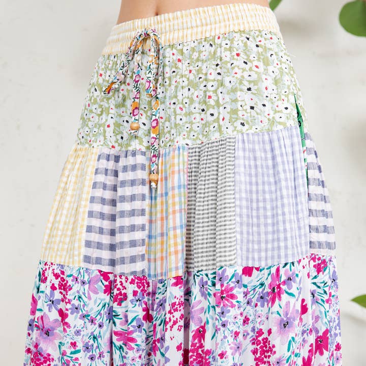 Young Threads - Wholesale Skirt - Women's - Artisan Boho Mixed Print Tiered Patchwork Maxi Skirt (NEW)5