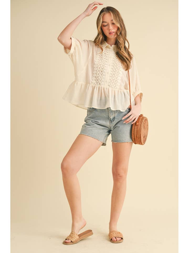 LACE TRIMMED BUTTON BLOUSE for wholesale by Camellia