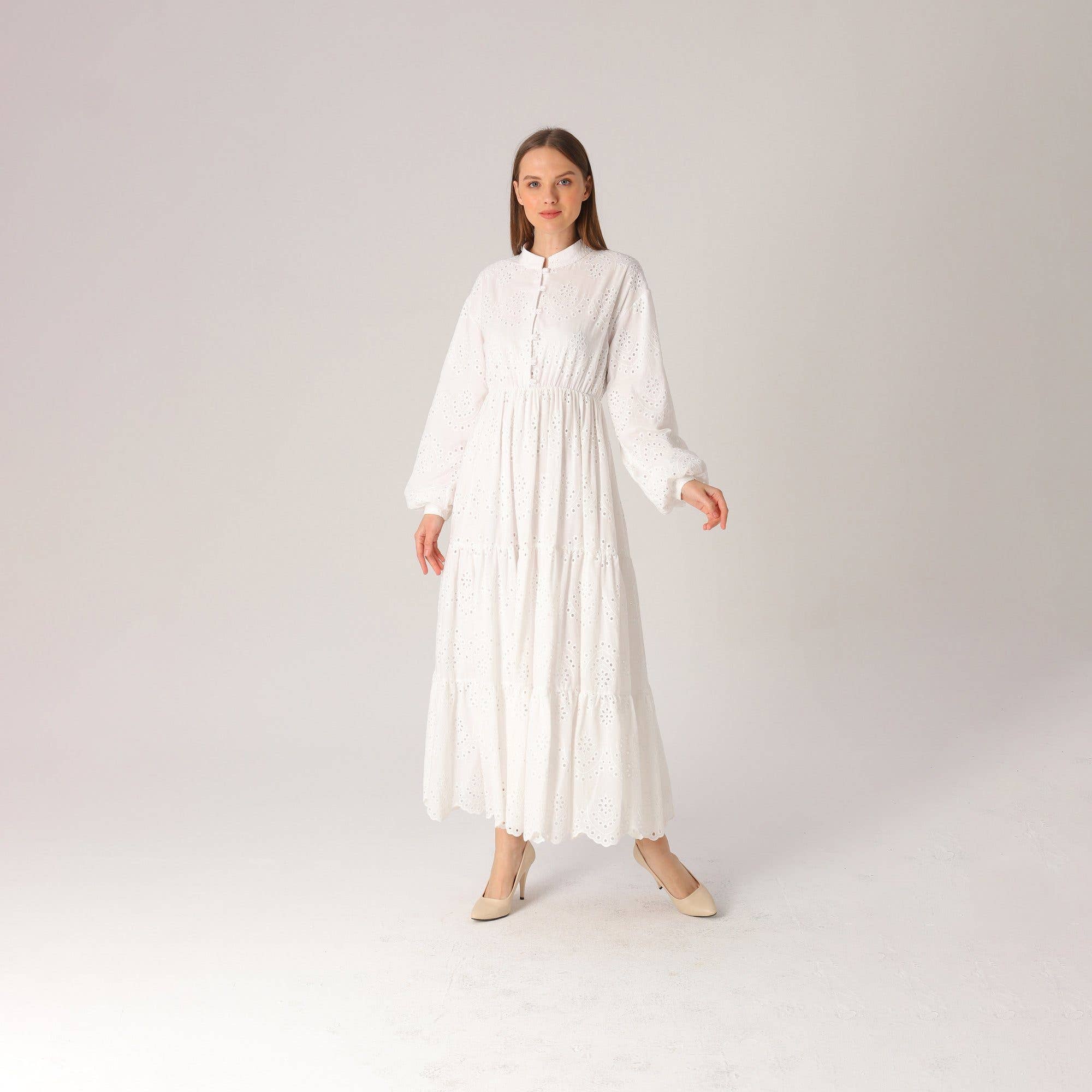 Modest White Long Sleeve Eyelet Maxi Dress for wholesale on Faire5
