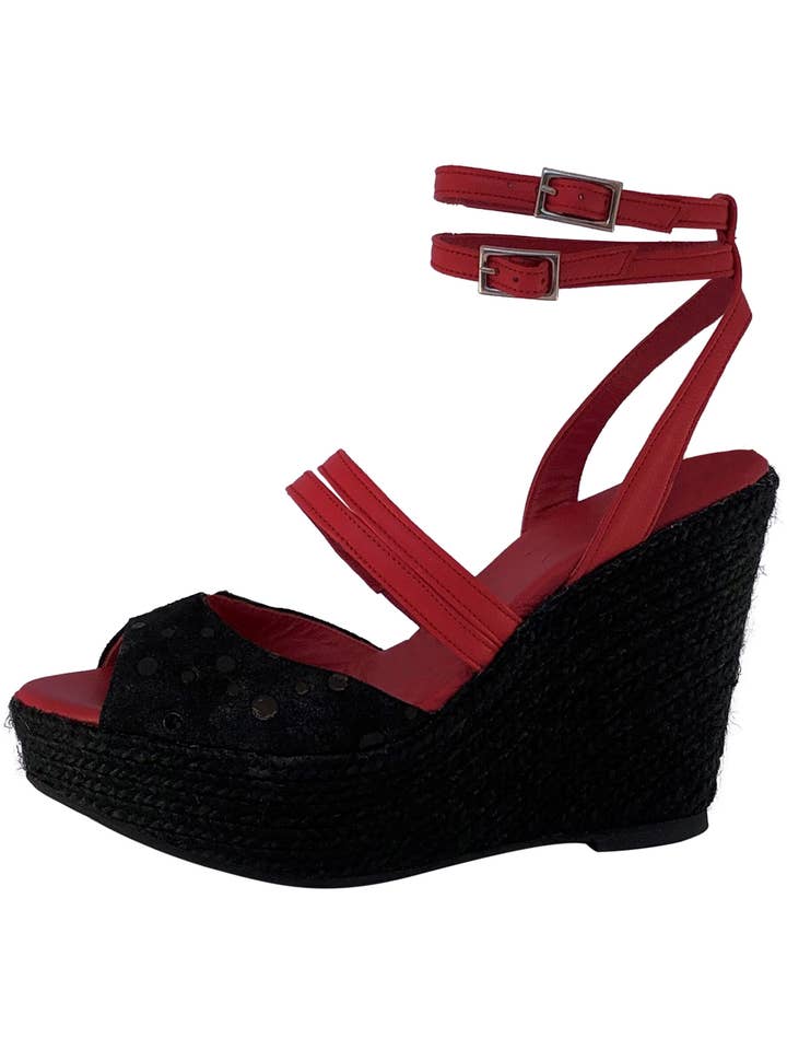 Poseidon Red and Black Nappa Leather Sandal with Polka Dot for wholesale on Faire