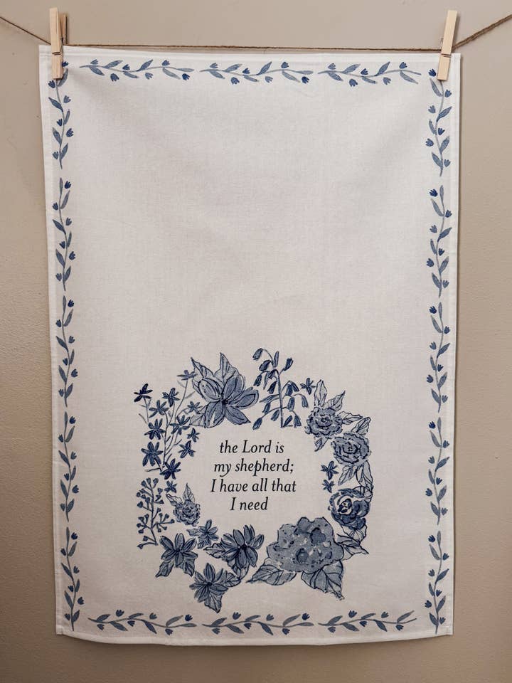 Psalm 23 Floral Kitchen Tea Towel | Blue & White for wholesale by Patsy Shaw
