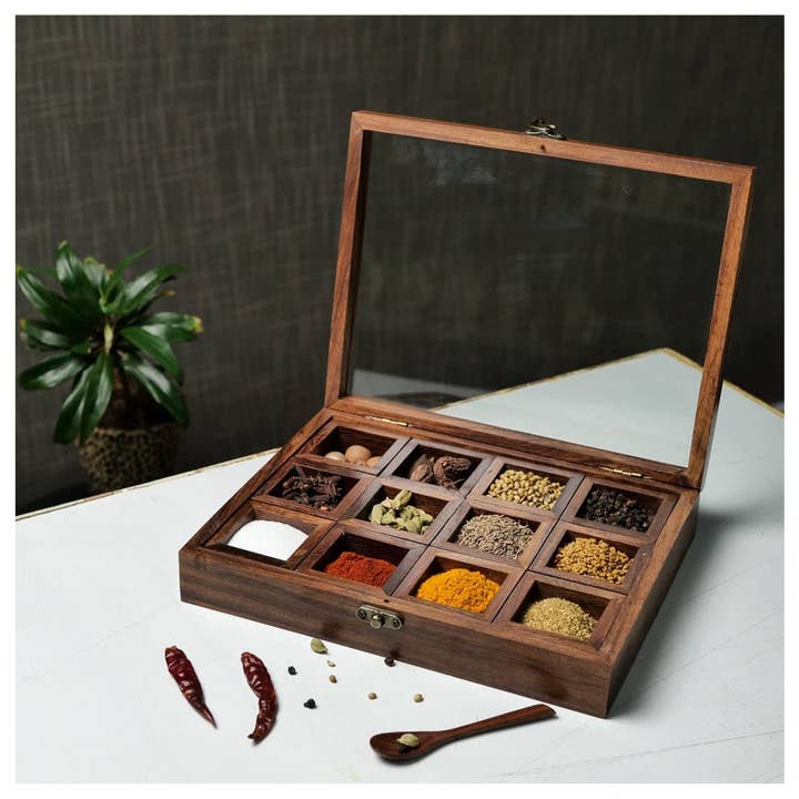 Keeraft - Wholesale Spice Rack - Antique Wooden Spice Box Glass Lid Home Decor4