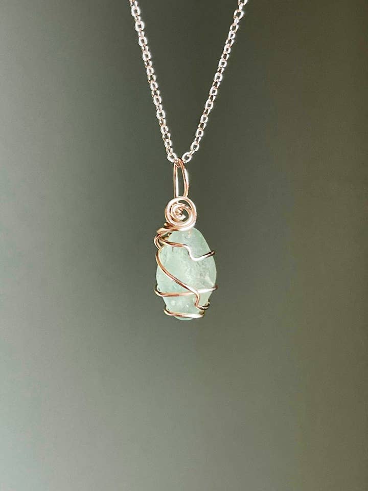 Sea Glass Necklace, Silver Beach Glass Pendant Turquoise for wholesale by Tumbledshop