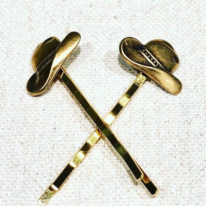 2 épingles à cheveux dorées, chapeau de cowboy, épingle à cheveux vintage. Set pour la vente par ShellyCakes