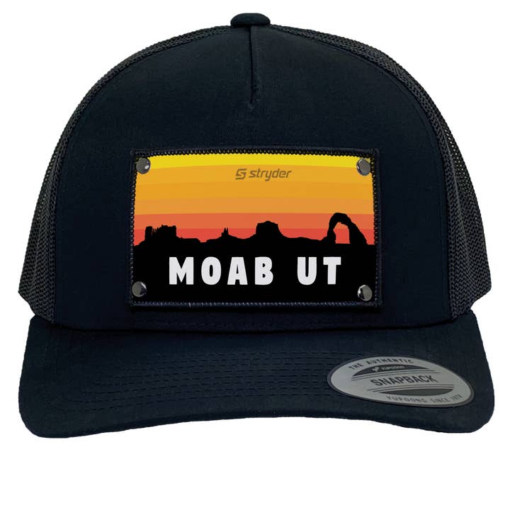 Moab Sunset Large Patch on Black Yupoong 6506 Trucker Hat for wholesale by Stryder Gear