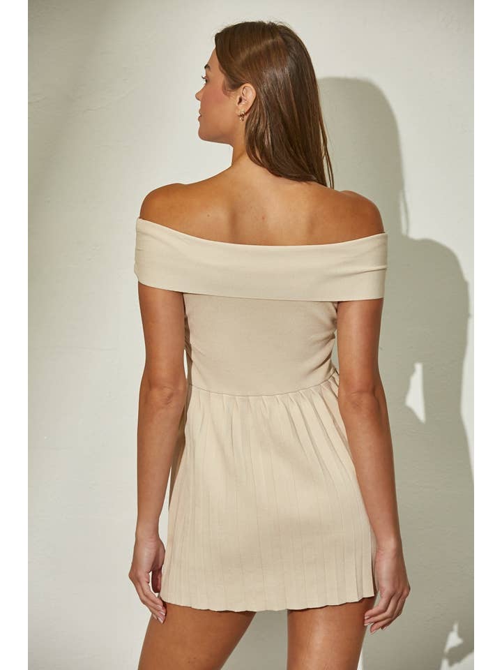Edit by Nine - Wholesale Dress - Women's - Off Shoulder Ribbed Knit Pleated Mini Dress2