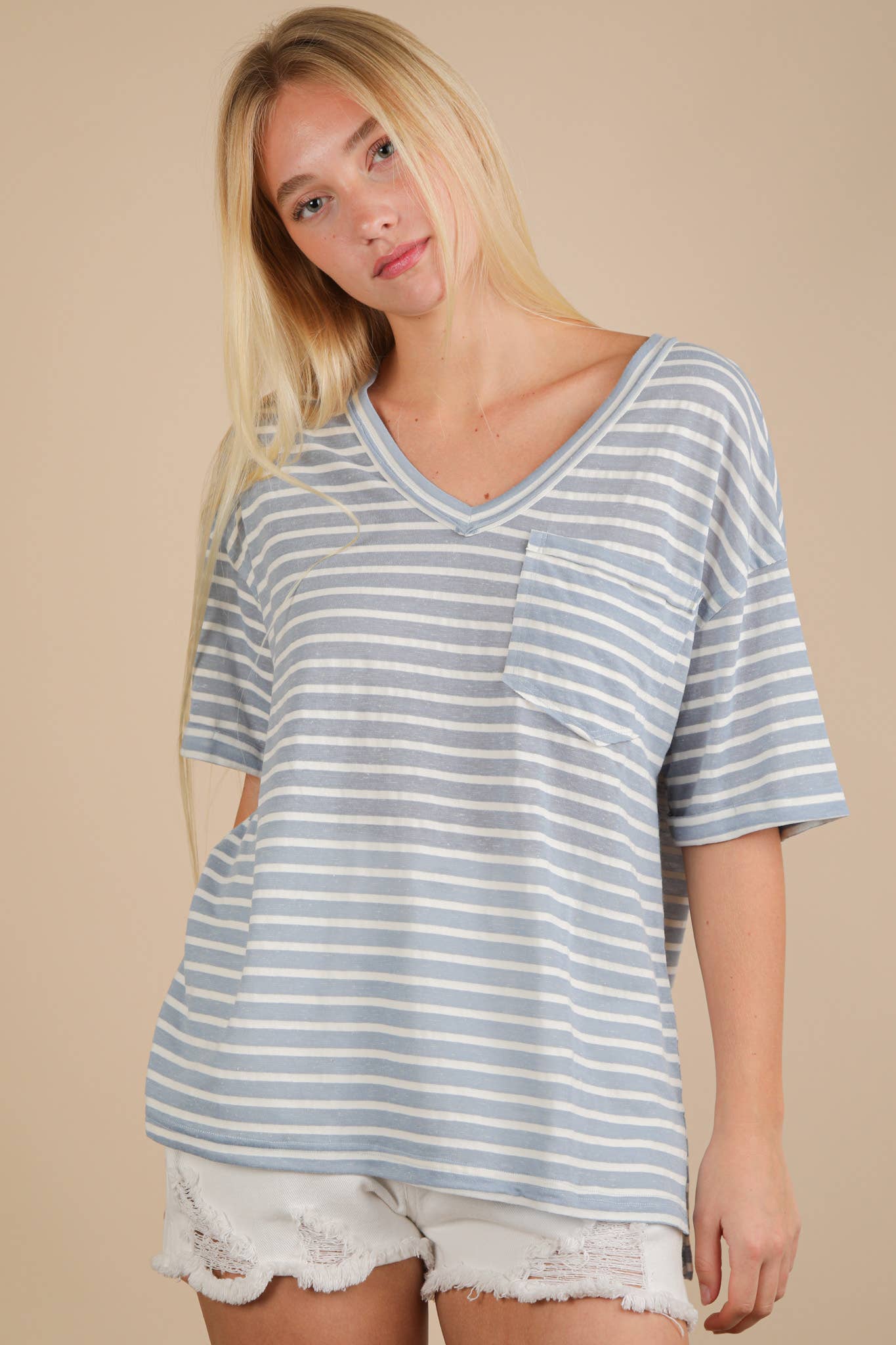 VERY J - Wholesale Knit Top - Women's - NT12167-Oversized Stripe Casual V-Neck Knit Top3