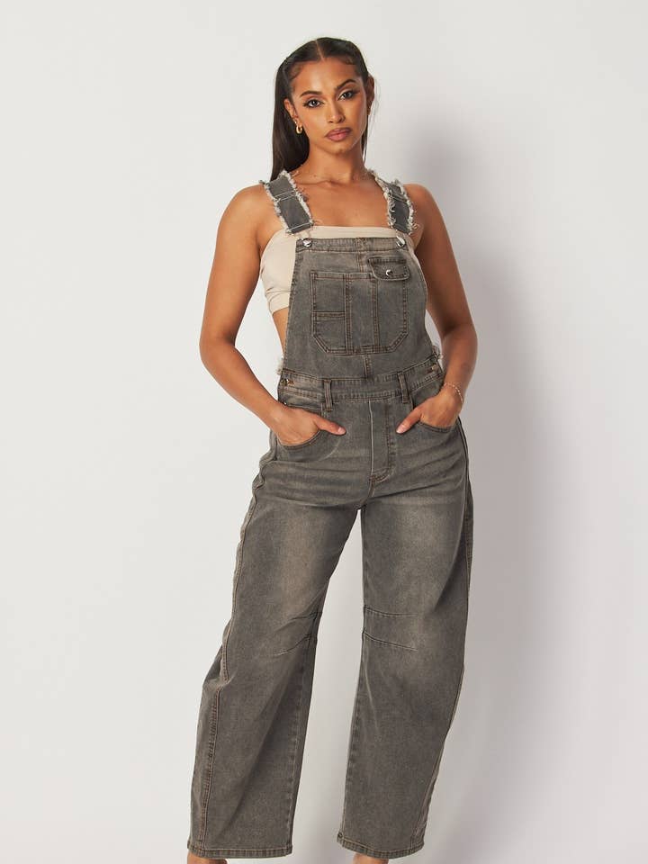 Cheryl Denim Barrel Leg Jumpsuit Overalls (HDR32681) for engroshandel hos Hot & Delicious