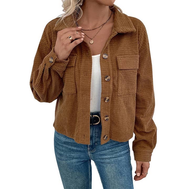 Brown Vintage Corduroy Lapel Pocket Single-Breasted Jacket for wholesale on Faire
