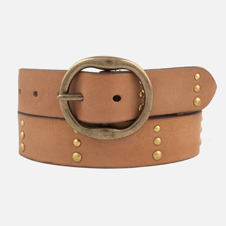 Amsterdam Heritage Leather Belts, Bags, Jackets & Apparel - Wholesale Belt - Women's - Dion | Round Buckle Leather Studded Belt