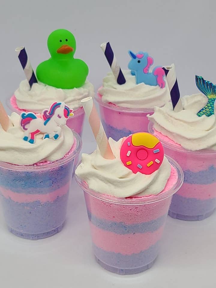 Raspberry Boom Bubbling Smoothie Shot Bath Bomb for Kids for wholesale by Sassy Bubbles